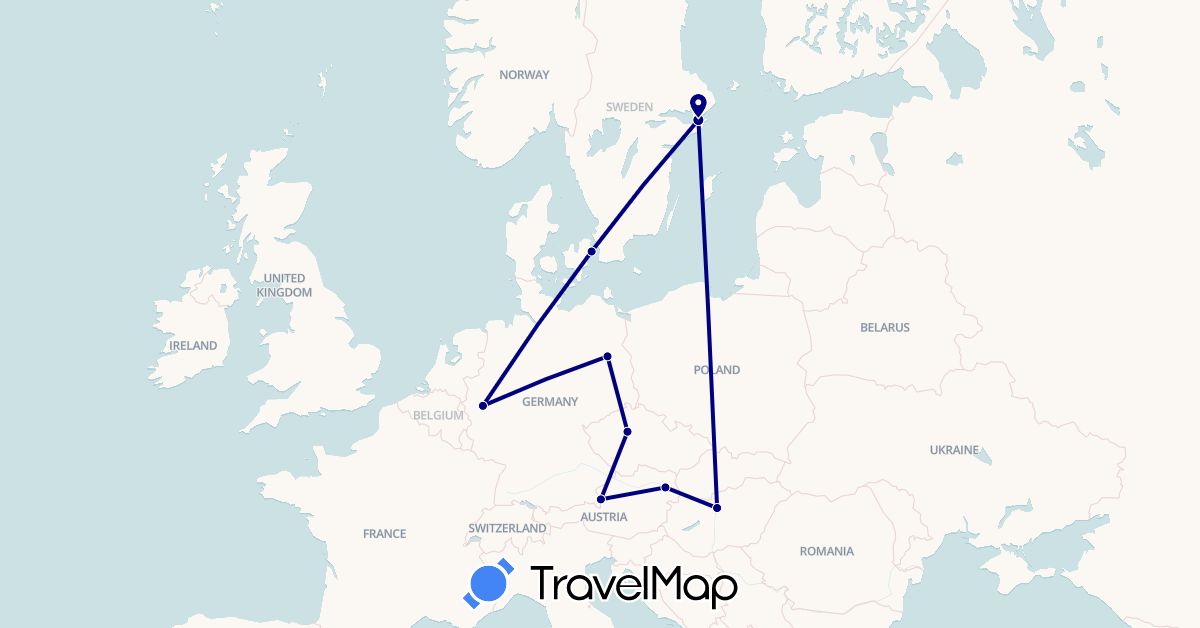 TravelMap itinerary: driving in Austria, Czech Republic, Germany, Denmark, Hungary, Sweden (Europe)
